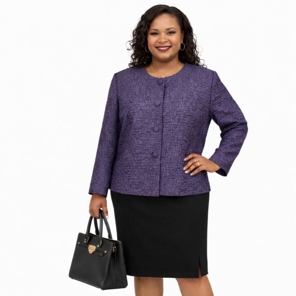 PLAZA SOUTH Size 18 Royal Purple Collarless Textured Crinkle Shimmer Blazer EUC